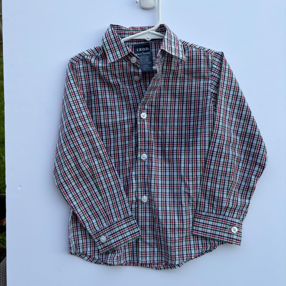 IZOD Boys Plaid Button Down Shirt Long Sleeve Red Green Blue White Size 4